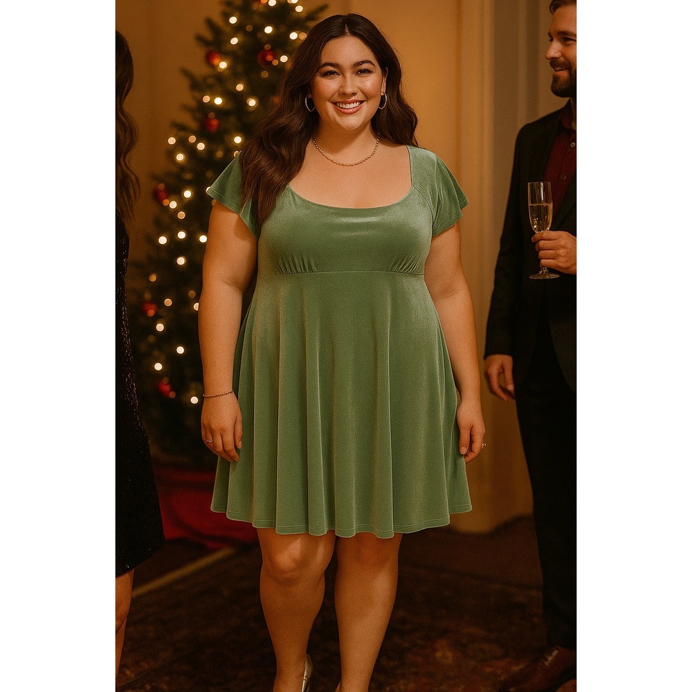 Holiday Soft Green Cami Velvet Baby Doll Dress XXL ShortSleeve Square Neck Soft